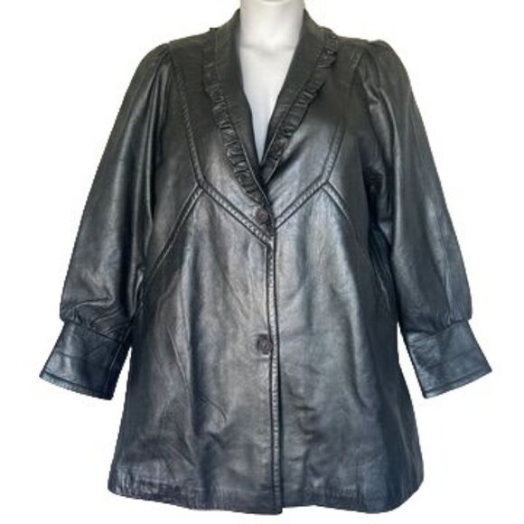 Vtg Lydia Creazioni By Ka Luk Gray Lamb Skin Leather Coat Size Ruffled Collar 1X - Picture 1 of 14